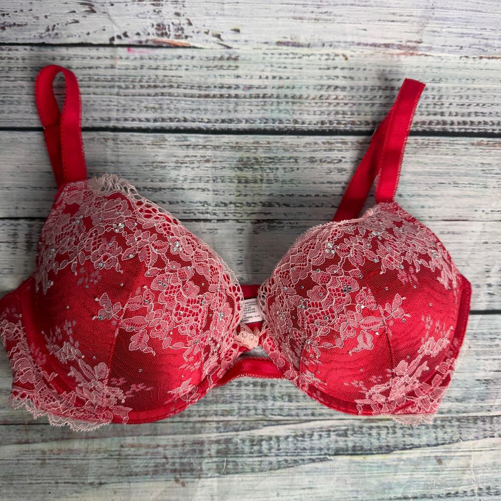 Victoria’s Secret Dream Angels Push Up Bra 34D Red Pink Lace Rhinestone